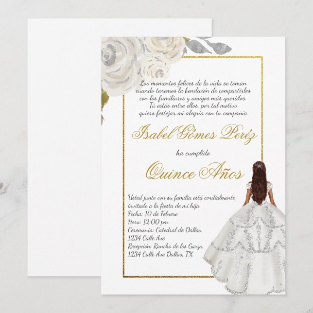 Invitación a la quinceañería de flores blancas en  (Anverso / Reverso)