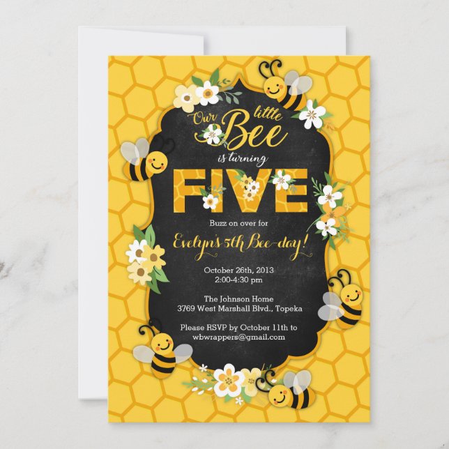 Invitación a la quinta fiesta de cumpleaños de Bee (Anverso)