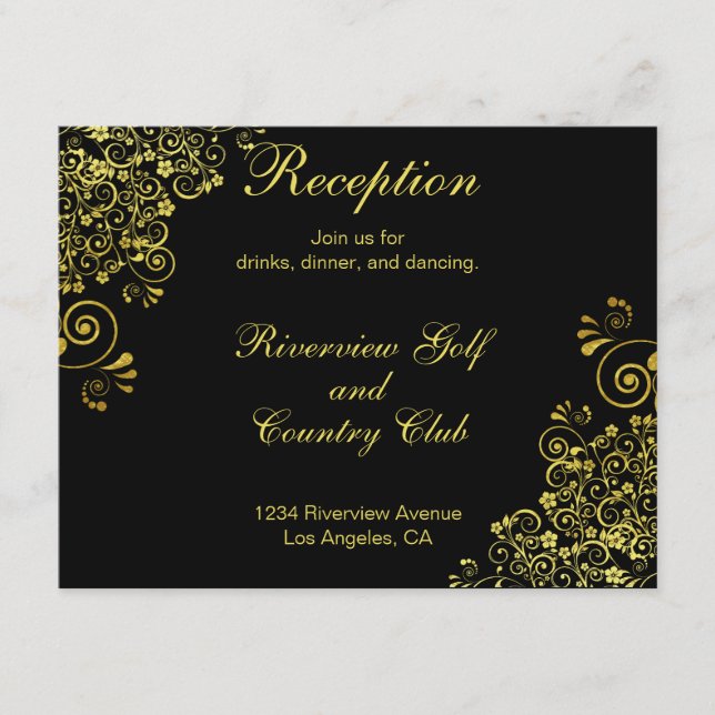 Invitación a la recepción de Black Gold Swirls Wed (Anverso)