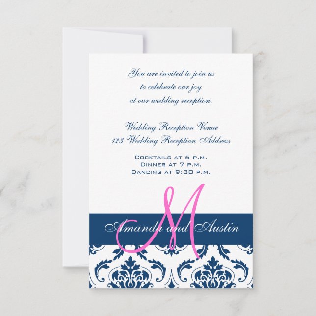 Invitación a la recepción de boda con damasco azul (Anverso)