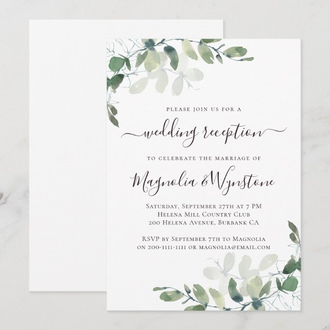Invitación a la recepción de bodas de eucalipto rú (Anverso / Reverso)