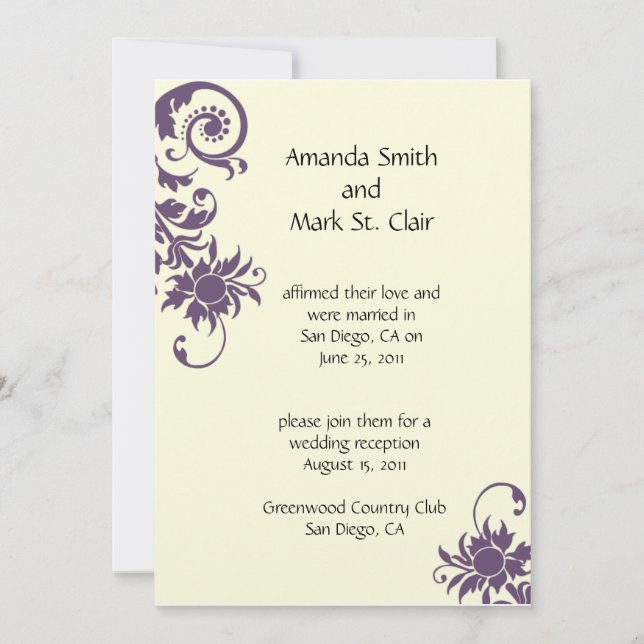 Invitación a la recepción de bodas moradas y marfi (Anverso)
