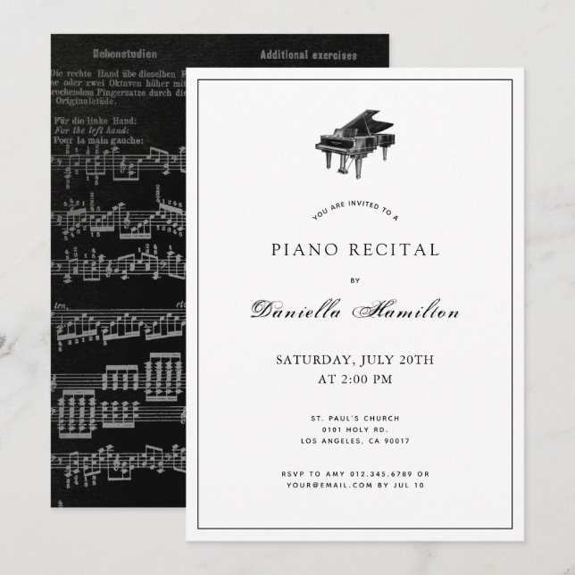 Invitación a la recepción de piano blanco y negro  (Anverso / Reverso)