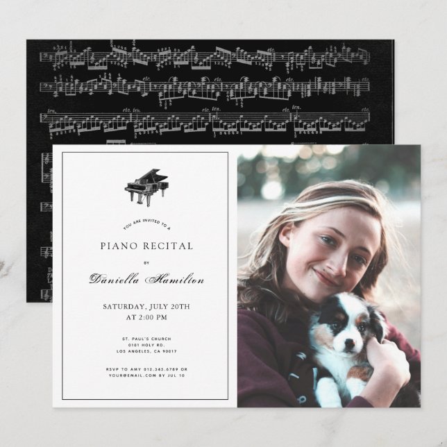 Invitación a la recepción de piano blanco y negro  (Anverso / Reverso)