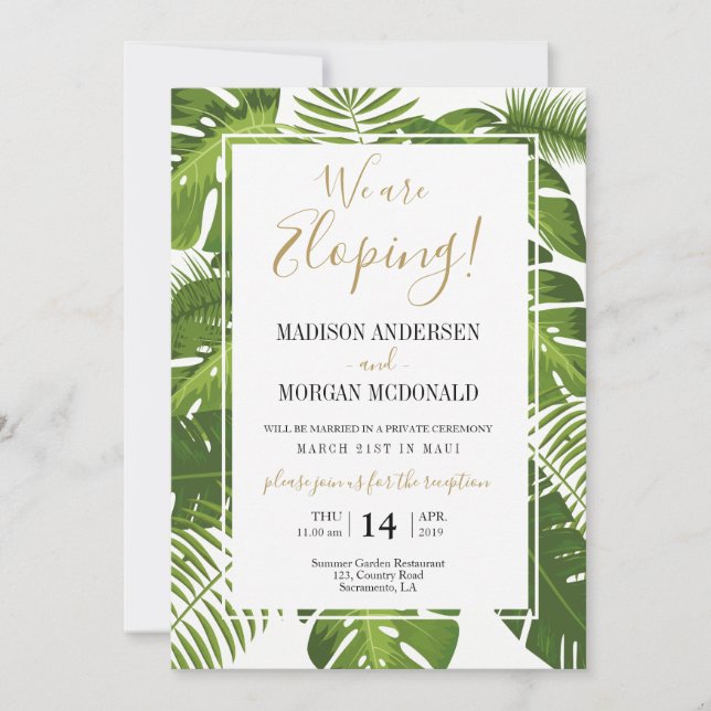 Invitación a la recepción de Tropical Elopement (Anverso)
