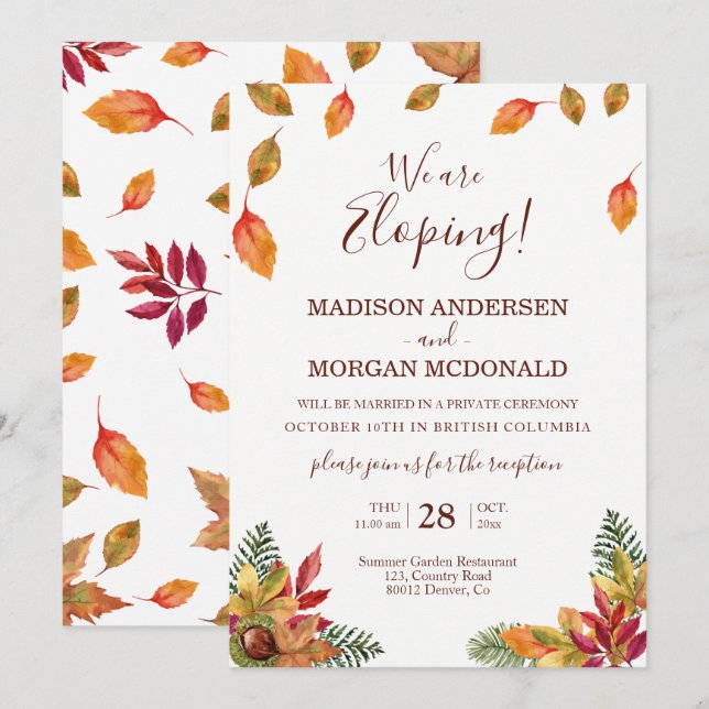 Invitación a la recepción del otoño de Elopement (Anverso / Reverso)