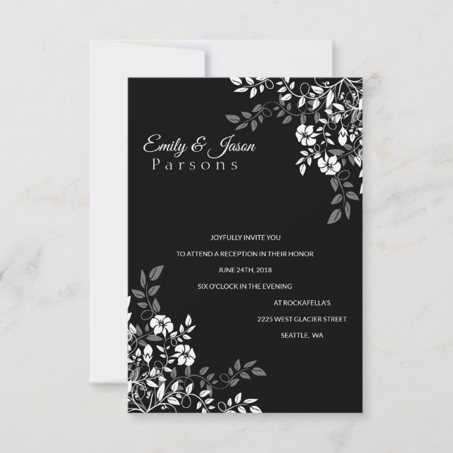 Invitación a la recepción floral en blanco y negro (Anverso)