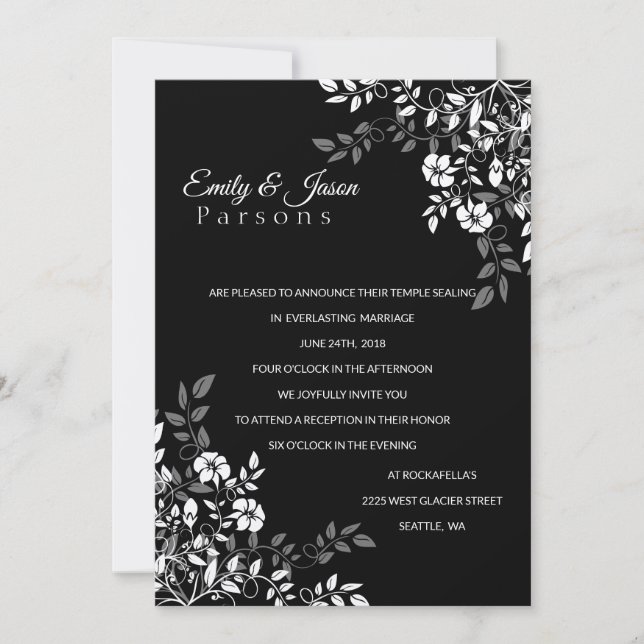 Invitación a la recepción floral en blanco y negro (Anverso)