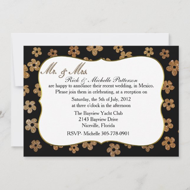 Invitación a la recepción post boda en negro y oro (Anverso)