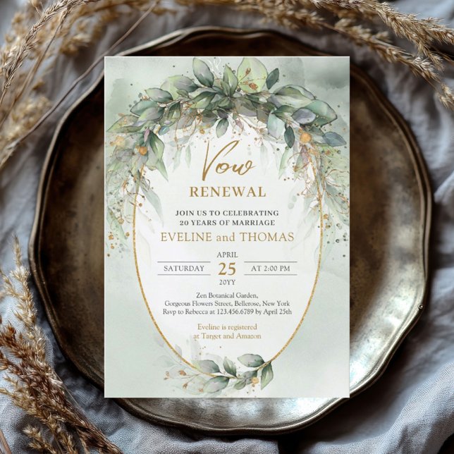 Invitación a la renovación de la promesa de oro ve (watercolor green eucalyptus wreath vow renewal invitation digital )