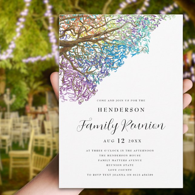 Invitación a la Reunión de la Familia de Árboles C (Colorful tree branches watercolor family reunion invitation Modern elegant script )