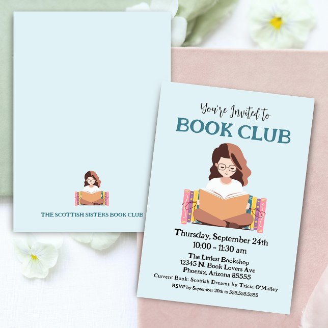 Invitación a la Reunión del Club de Libros Retro (retro woman girl reading book club meeting party invitation for bookish book lovers social events)