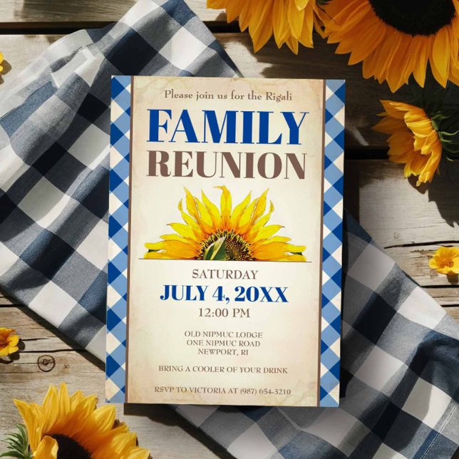 Invitación a la Reunión Familiar, Girasol, Picnic  (Family reunion invitations feature sunflower and blue gingham print. )