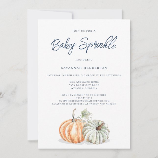 Invitación a la rociada de Baby Shower de calabaza (Anverso)