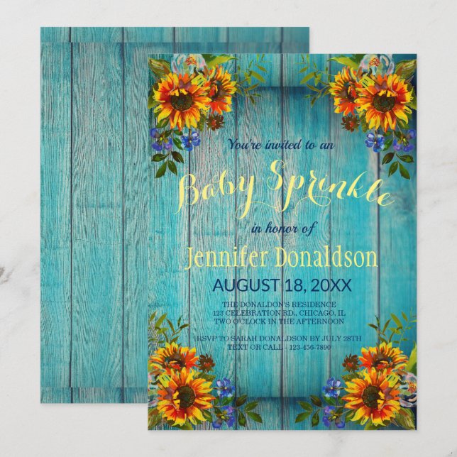 Invitación a la rociada de bebé de girasol azul ru (Anverso / Reverso)