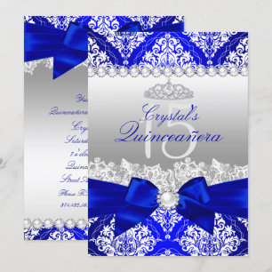 Invitación a la Royal Blue Damask Pearl Bow Quince
