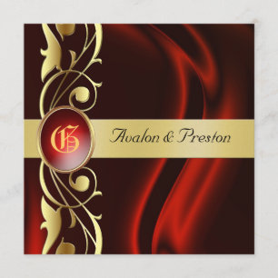 Invitación a la Ruby Marquis Red Silk Gold Scroll
