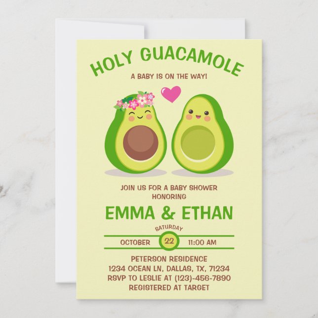Invitación a la sagrada Guacamole Aguacate Baby Sh (Anverso)