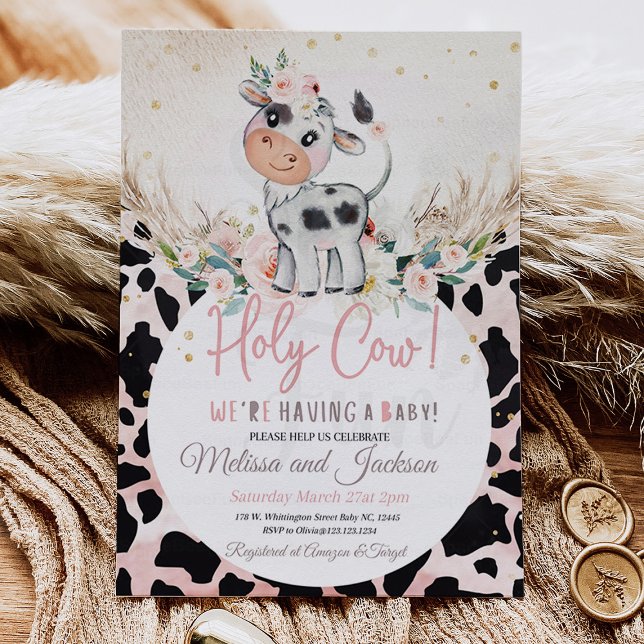 Invitación a la sagrada vaca en Baby Shower: Cow B (Holy Cow Baby Shower Invitation Cow Boho Pampas)