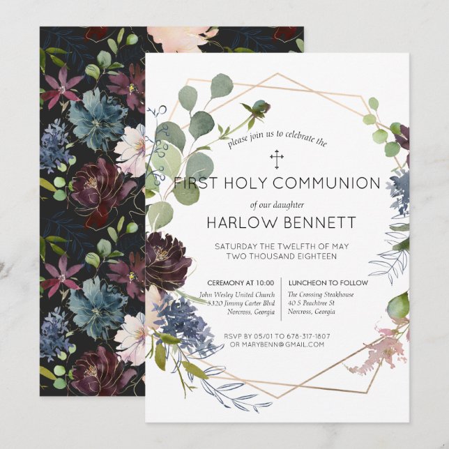 Invitación a la Santa Comunión de floral geométric (Anverso / Reverso)