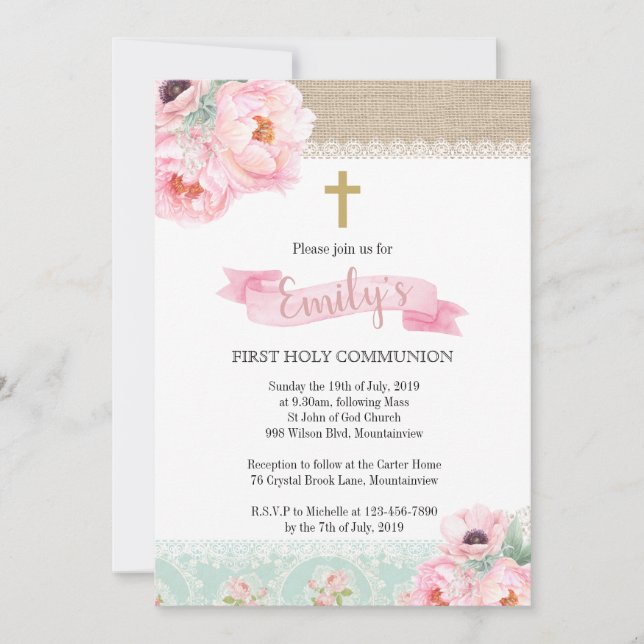 Invitación a la Santa Comunión de Shabby Chic Flor (Anverso)