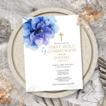 Invitación a la Santa Comunión floral azul acuarel