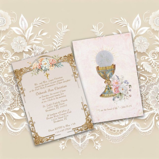 Invitación a la Santa Comunión floral con marco de (Subido por el creador)