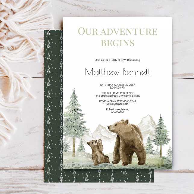 Invitación a la selva acuarela de madres y bebés (Mother and baby bear baby shower invite with sage green watercolor forest)
