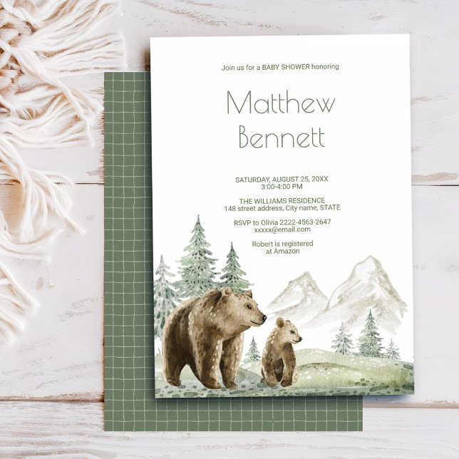 Invitación a la selva acuarela de madres y bebés (Cute watercolor baby shower invite with forest and bear design in sage green. Ideal for woodland the)