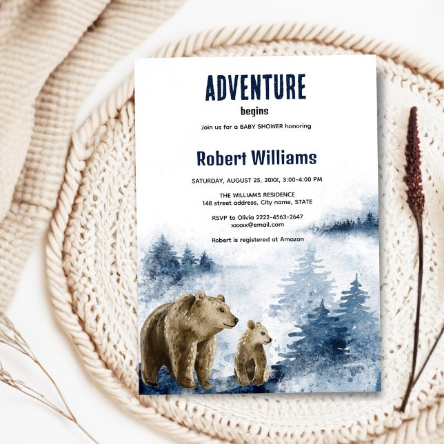 Invitación a la selva acuarela de madres y bebés (Watercolor foggy forest blue baby shower invitation )