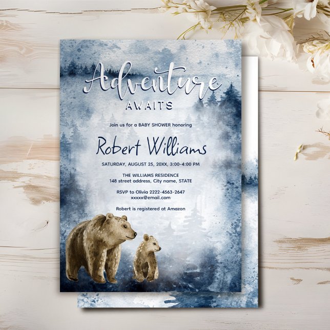 Invitación a la selva acuarela de madres y bebés (Blue watercolor foggy forest mommy and baby bear adventure begins baby shower invitation )