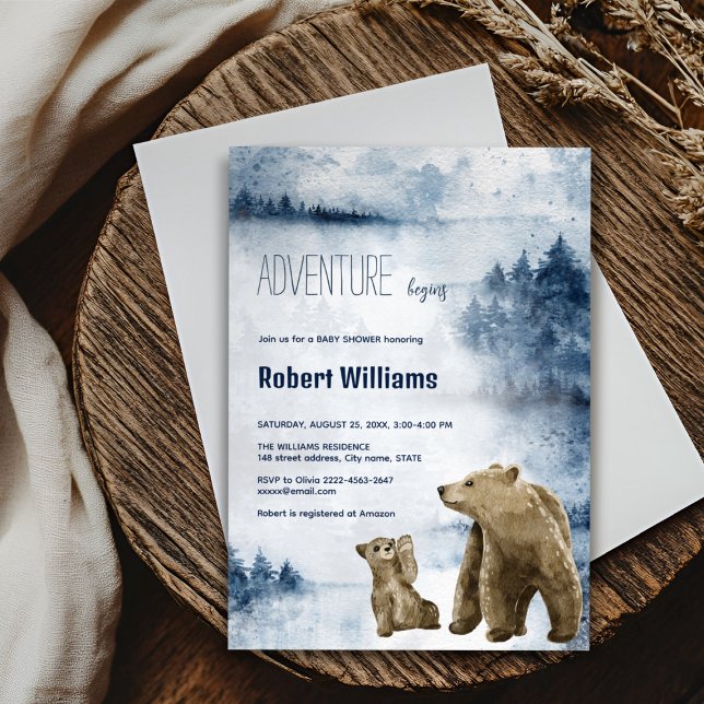 Invitación a la selva acuarela de madres y bebés (Blue watercolor foggy forest mommy and baby bear adventure begins baby shower invitation )