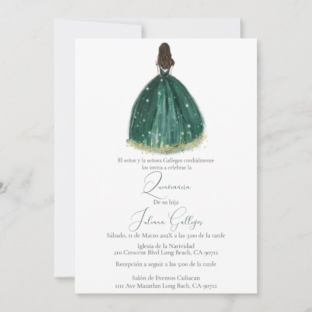 Invitación a la silueta verde de Quinceañera (Anverso)