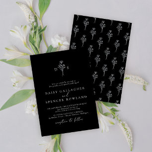 Invitación a la simple boda negra con diseño flora