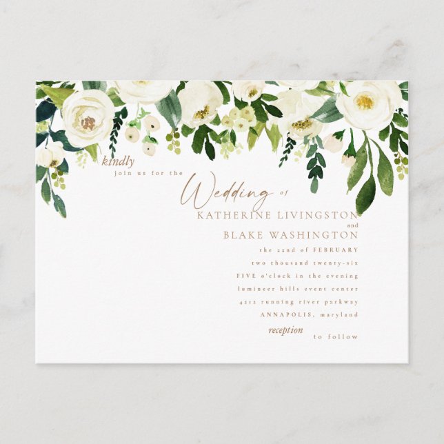 Invitación a la simple floral blanca y a la boda d (Anverso)