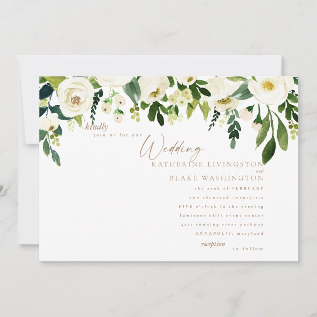 Invitación a la simple floral blanca y a la boda d (Anverso)