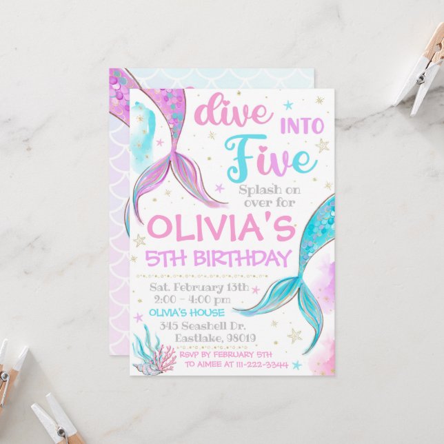 Invitación a la sirena 5 cumpleaños Invitación a l (Anverso/Reverso In Situ)