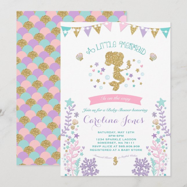 Invitación a la sirena Baby Shower Pink Verde azul (Anverso / Reverso)
