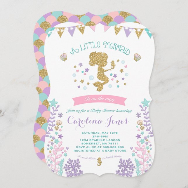 Invitación a la sirena Baby Shower Pink Verde azul (Anverso / Reverso)