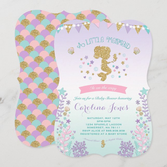 Invitación a la sirena Baby Shower Pink Verde azul (Anverso / Reverso)