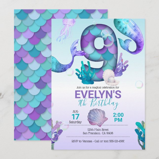 Invitación a la sirena de cola de sirena para el n (Anverso / Reverso)