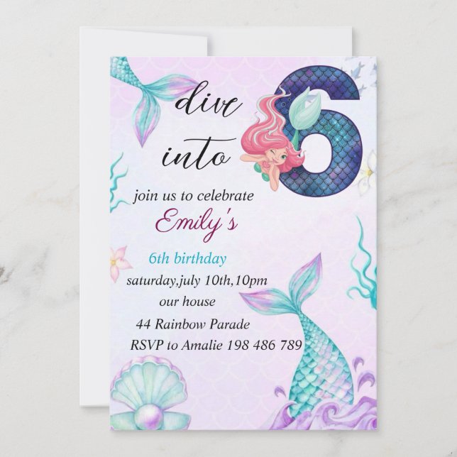 Invitación a la sirena de cumpleaños número 6 (Anverso)