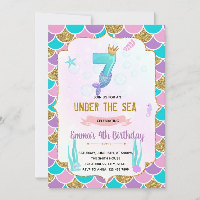 Invitación a la sirena de Cute 7 cumpleaños (Anverso)