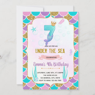 Invitación a la sirena de Cute 7 cumpleaños