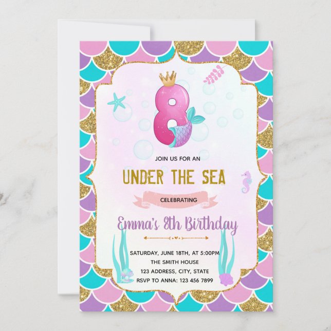 Invitación a la sirena de Cute 8 años (Anverso)
