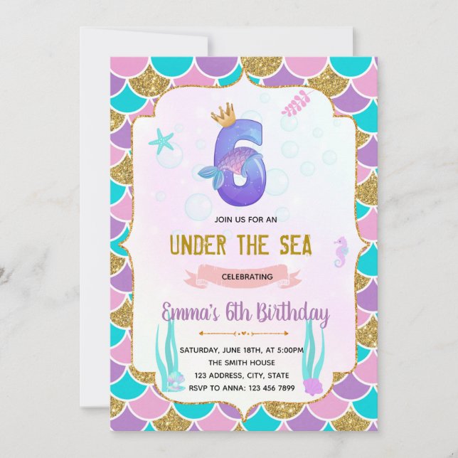 Invitación a la sirena de Cute en 6º cumpleaños (Anverso)