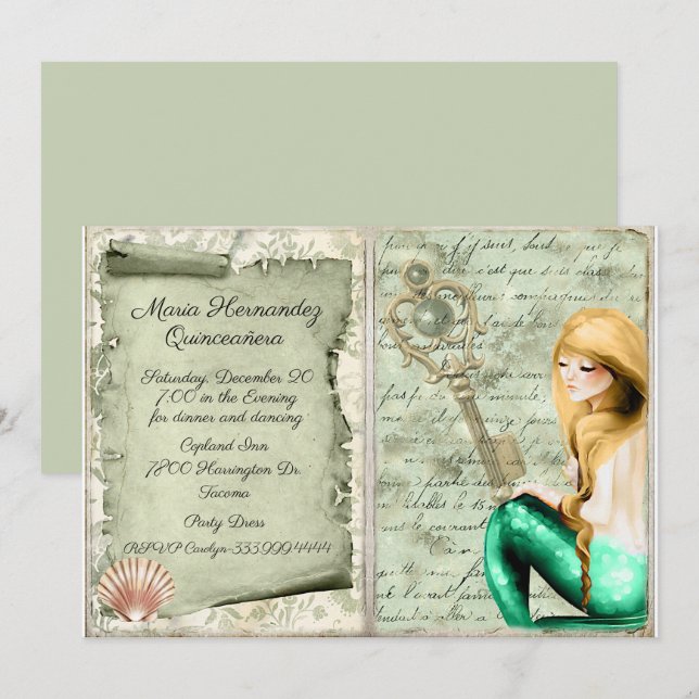 Invitación a la sirena de papel antiguo Quinceañer (Anverso / Reverso)