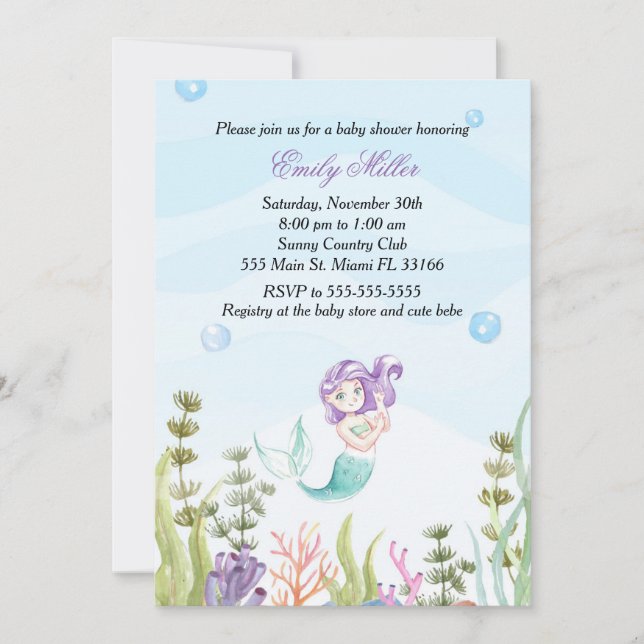 Invitación a la sirena en Baby Shower bajo el mar (Anverso)