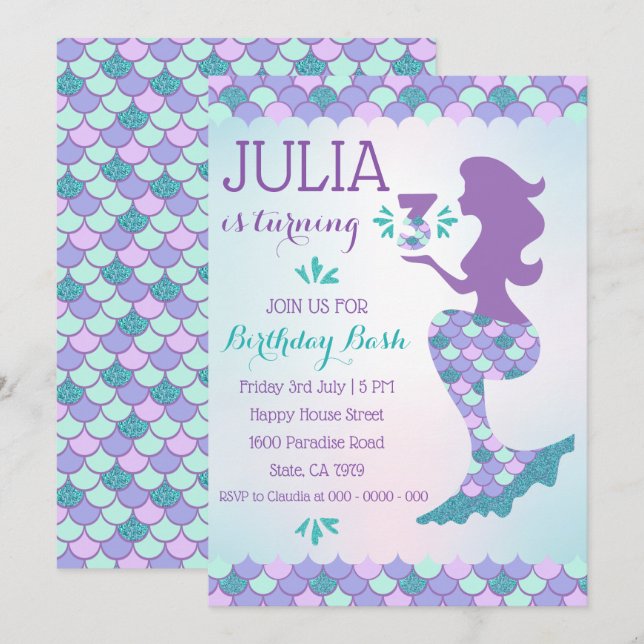 Invitación a la sirena por cumpleaños número 3 (Anverso / Reverso)
