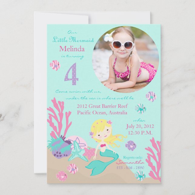 Invitación a la sirena rubia por cuarto cumpleaños (Anverso)